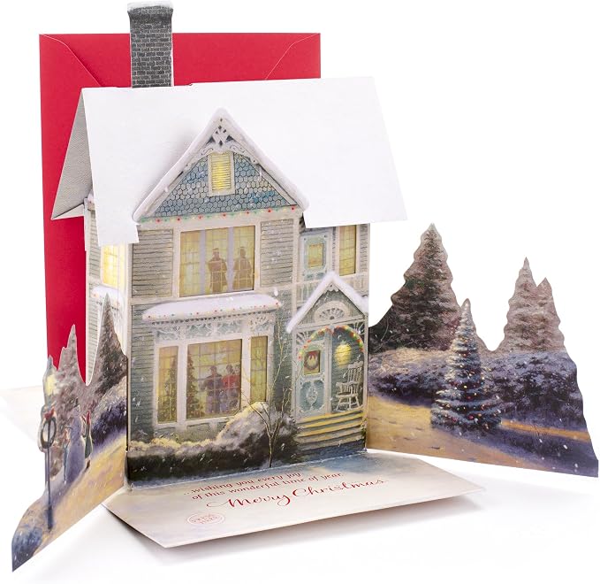 Hallmark 0899XSO1002 Christmas Pop Up Card with Light and Song (Displayable Dimensional Thomas Kinkade House Plays We Wish You a Merry Christmas), Snowy House