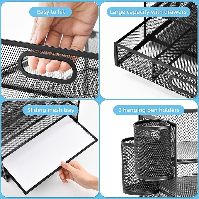 Lavatino 6-Tier Paper Organizer Letter Tray with Drawer - Mesh Desk File Paper Office Supplies Sorter Organizer for Office, Home or School File Folder Holder - Black