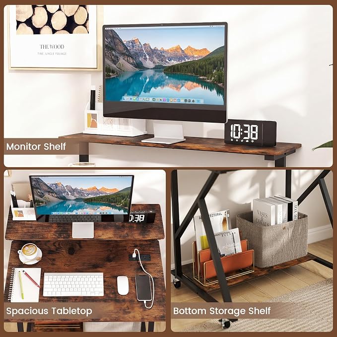 Giantex Rolling Small Desk with Storage, Compact Computer Desk for Small Spaces with Charging Station, Monitor Stand, Lockable Wheels, Study Writing Desk for Home Office, Bedroom (Rustic Brown)