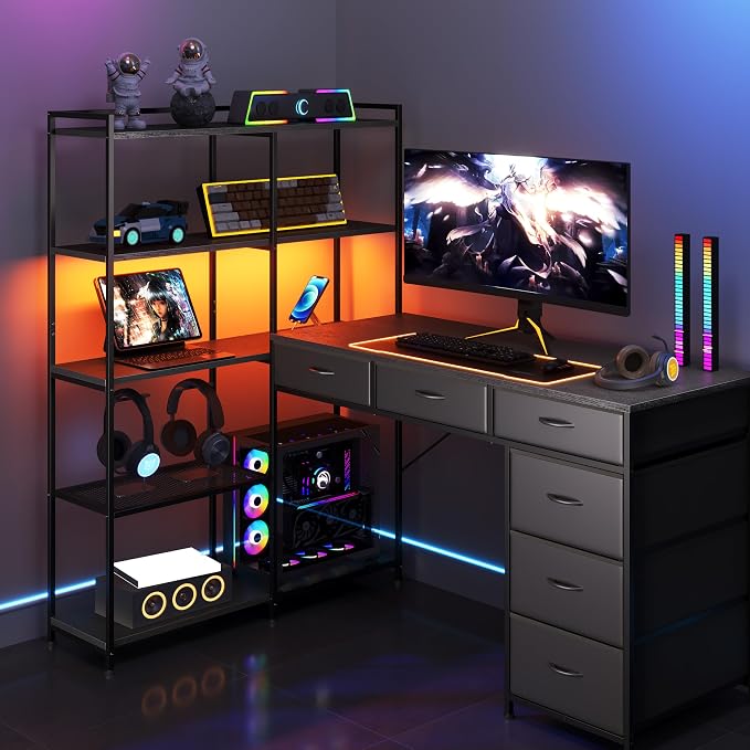 L Shaped Gaming Desk with Power Outlet & RGB Lights, Corner Computer Desk with 6 Drawers 5-Tier Shelves, PC Workstation with USB/Type-c Charging for Home Office, Black