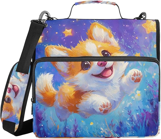 Corgi Dog Star Cartoon Zipper Binder Bag 3 Ring Binder with Shoulder Strap Zip Up 500 Sheets Capacity Multi Pockets for School Office Supplies