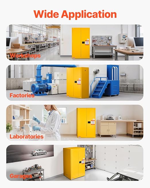 VEVOR Flammable Cabinet 34" x 38" x 65", 65 Gallon Flammable Storage Cabinet with Adjustable Shelf, Cold-Rolled and Galvanized Steel Fire Cabinets, for Commercial Industrial Home Use, Yellow