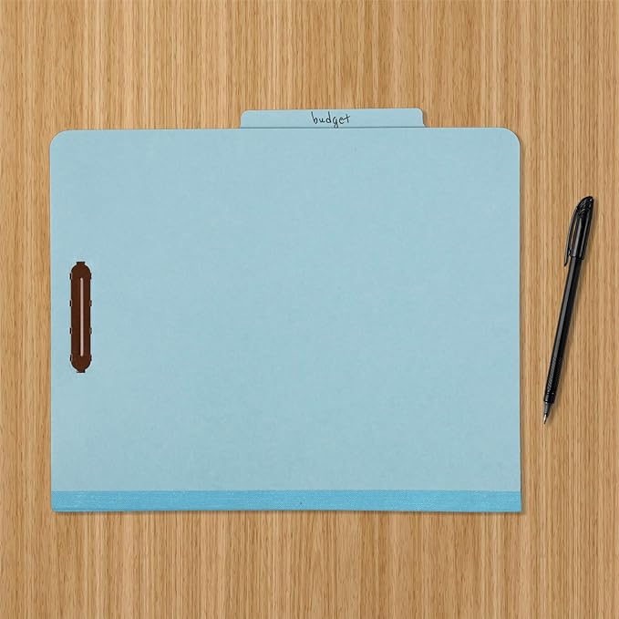 Amazon Basics Classification Folder with Prongs, 100% Recycled, 2 Dividers, 2" Embedded Fasteners, Letter Size, for Documents Organization, Light Blue, 10 Count