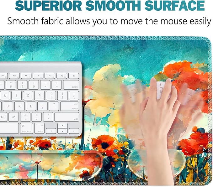 Gaming Mouse Pad Wrist Support Set, XXL Large Desk Mat Mousepad + Keyboard Wrist Support+ Mouse Wrist Rest+Coaster 4in1 Ergonomic, Stitched Edge for Home Office -Oil Painting Flowers Plants