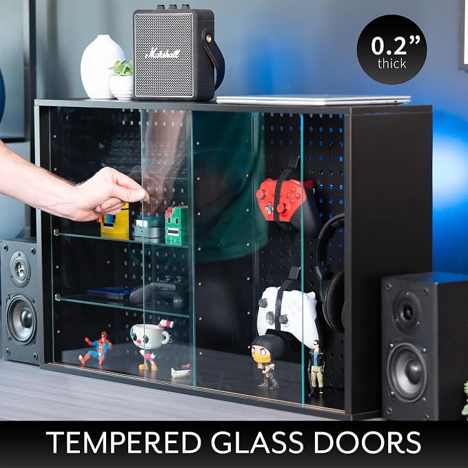 Pegboard Cabinet with Glass Door, Wall Mounted or Freestanding Storage Display Case, Black, LF-GDPC1