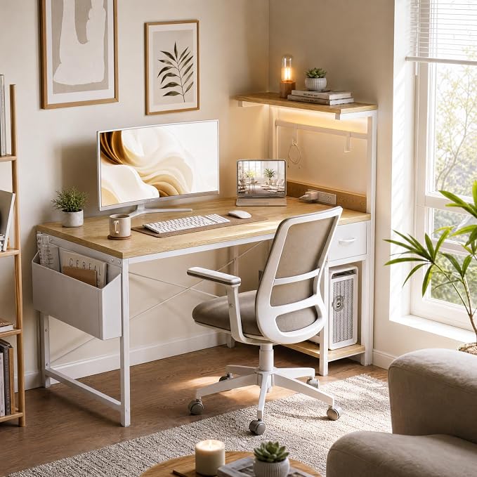 Grandder Computer Desk 40 Inch with Power Outlet and LED Light Oak | Gaming Desk with Reversible Shelves and Storage Drawer, Pc Small Desk for Home Office Table with Bag