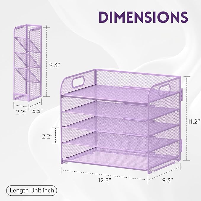 5-Tier Paper Organizer for Desk with Pen Holders, Letter Trays, Purple | Metal Mesh Desktop File Organizer with Removable Trays and 2 Handles for Paper, Files, Mail, Folders in Office Home or School