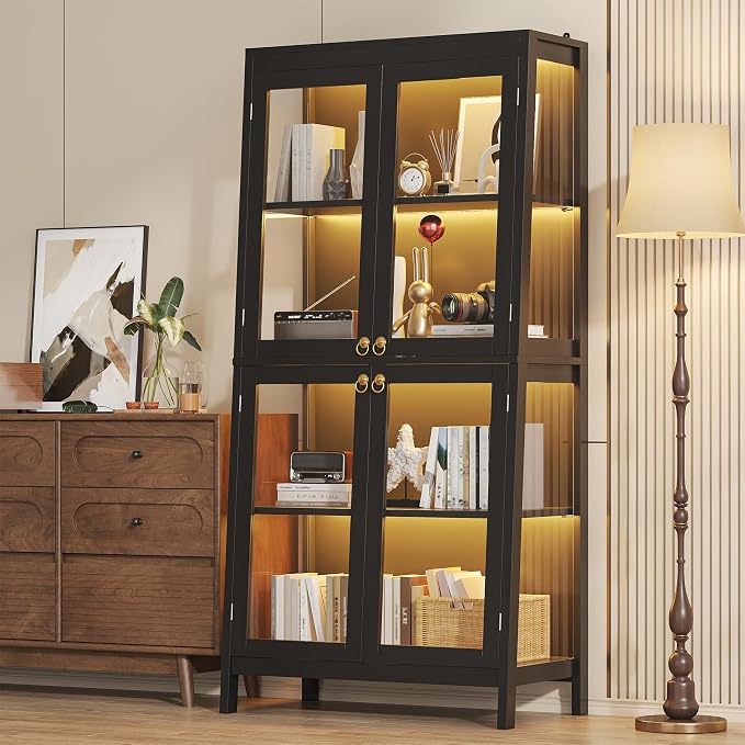 kepptory 65" Glass Display Cabinet with LED Light, Trapezoidal Display Case with 4 Tempered Glass Doors, Curio Storage Cabinet for Collectibles, Figures, Awards, Book and Toy (Black)