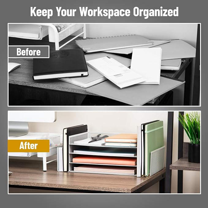 Mind Reader Desktop Organizer, File Storage, Paper Tray, Workspace, Office, Metal Mesh, 16.75"L x 9.15"W x 6"H, White