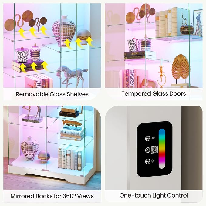 Lvifur 10-Tier Glass Display Cabinet with RGB Light and Motion Sensor,White | 71''H Lockable Curio Cabinet with Glass Doors,China Cabinets with Removable Shelves for Collectibles,Lighted Showcase,White