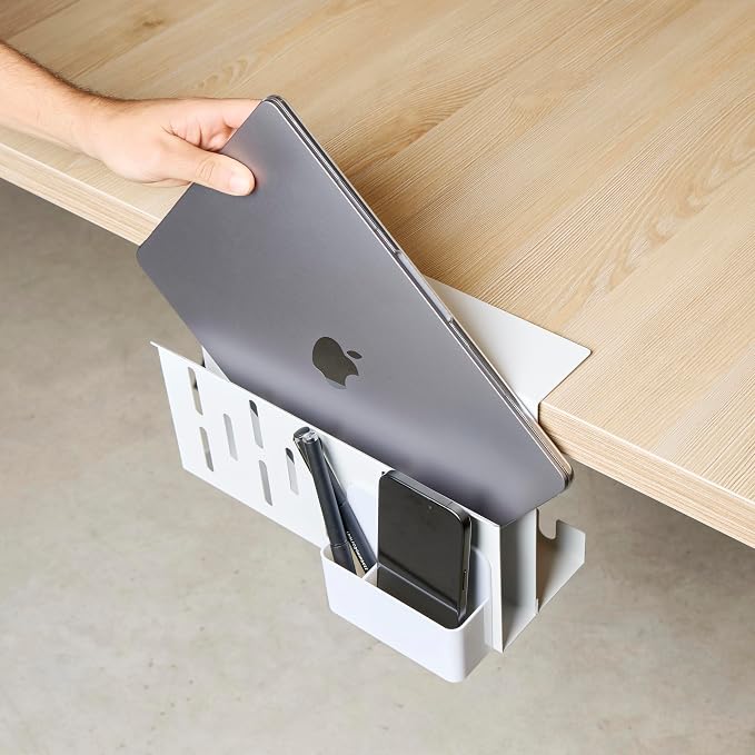 GAROOD Laptop Side Storage Vertical Stand Under Desk top Storage Clamp On Desktop Shelf Hanging Desk Organizer Computer Mount Side Table Organizer Caddy Book Caddy - Two Tier White
