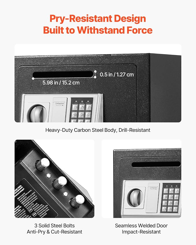 VEVOR 0.6 Cubic Feet Drop Safe, Drop Slot Safe Box with Password and Turn Knob, Heavy Duty Compact Cash Depository Box with a Front Lock Slot for Cash, Bank Slips, Jewelry, Documents, Bills, Black