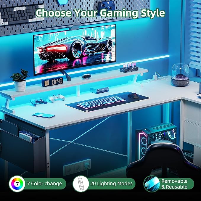 VERMESS 63" Reversible L Shaped Gaming Computer Desk, Corner Desk with Power Outlets & Monitor Stand, Writing Study Table with 4 Storage Drawers, Desk with LED Lights, White