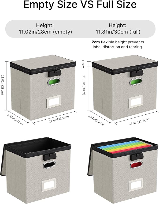 Oterri Lockable File Box Small 2-Pack Hanging Organizer for Letter-Size | Dustproof Lid. 3 Mesh Pockets. Collapsible Scratch-Resistant GRS Linen. Slide Rails. Office, Home, Dorm