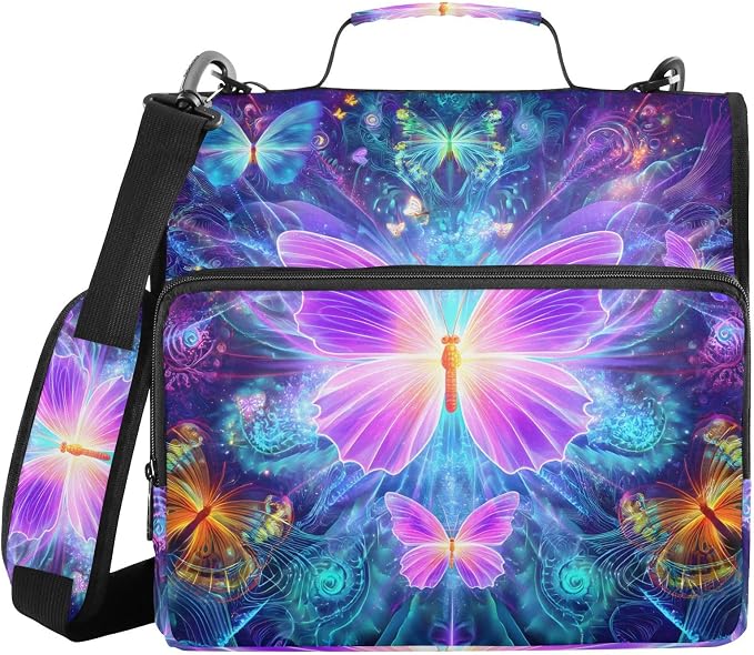 3 Ring Zipper Binder with Shoulder Strap Purple Butterflies 1.5 inch Binders Keeper Large Capacity Multi Pockets for School Office Supplies