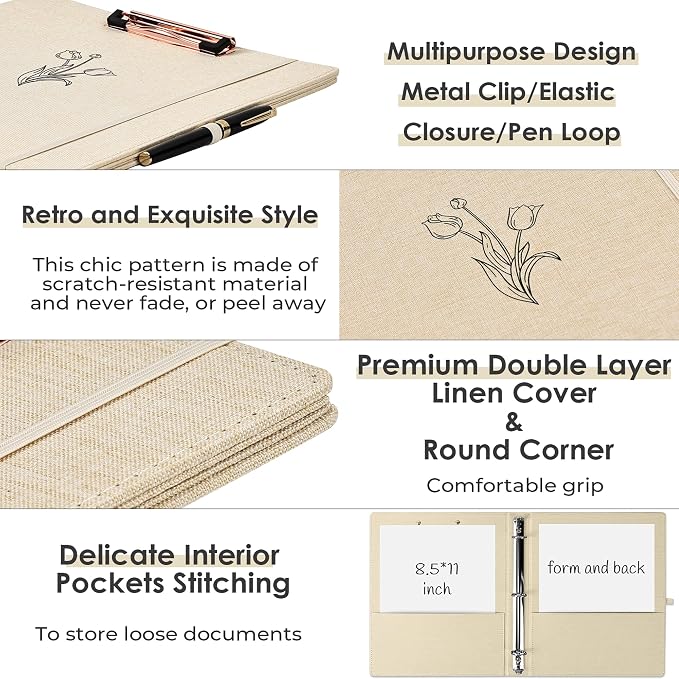 EYROZILL 3 Ring Binder, 1 Inch Linen Binder Organizer for Letter Size (8.5" x 11") with 5 Tab Dividers, File Folder Labels and Low Profile Clipboards, School and Office Supplies- Tulip White