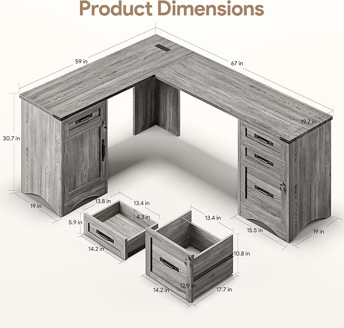 Decofy 67" Farmhouse L Shaped Standing Desk with Drawers Home Office Executive Desks with Fast Charging Station, Lockable File Cabinet, Wood Writing Computer Desk for Work, Study, Grey