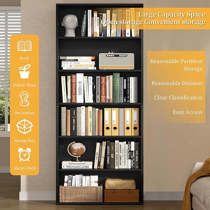 Shintenchi Bookshelf,6-Tier Open Bookcase and Bookshelves,6 Shelf Display Storage Shelves Floor Standing 70.6 inches Tall Bookcase for Home Office, Living Room (Black)