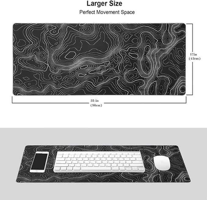 Large Mouse Pad Mat 35x17 Inch, XXXL Gaming Mouse Pad Topographic Map Lines | Extended Desk Mat with Non-Slip Rubber Base, Geographic Contour Topographic Design Mousepad for Gaming, Office, Laptop & PC