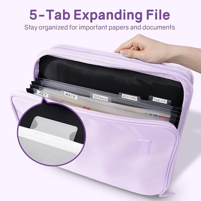 SUNEE Zippered Binder Bag with Handle, 2-Inch 3-Ring O-Ring, 500-Sheet Capacity, Includes Zip Pocket, 5-Tab Expanding File Folder, Multi-Pocket Organizer Binder for Middle School, Lavender Purple