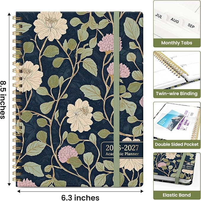 Taja Planner 2026-2027, Jul 2026-Jun 2027 Monthly & Weekly Calendar Planner | 6.3" x 8.5", Hardcover Academic Calendar, Teacher Student Agenda Book with Tabs, School Office Supplies, Blush Vines