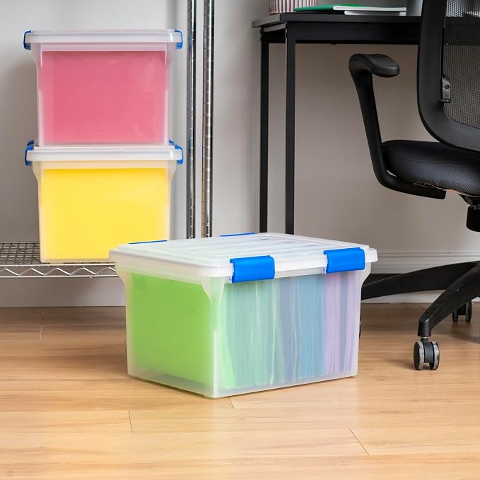 IRIS USA WeatherPro File Box Organizer, Letter/Legal, 32 Qt. 3-Pack, Clear | Store letter and legal documents safely with weather-resistant protection and space-saving stackable storage