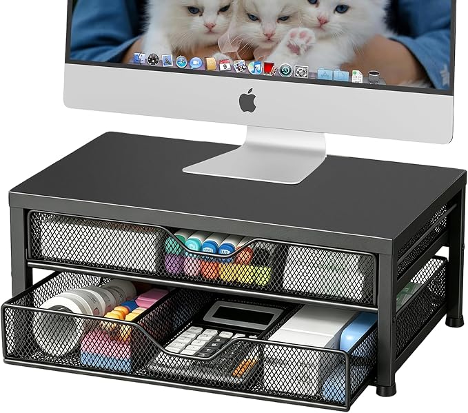 Desk Organizer and Accessories, 2-Tier Computer Monitor Stand Riser with 2 Drawer and 2 Pen Holders, Laptop Stand, Office Desk Accessories for Office Supplies, Black