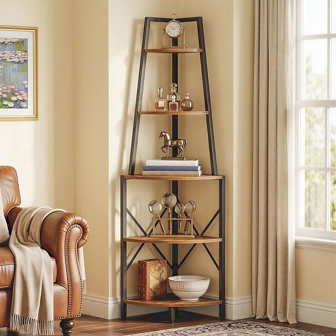 HOOBRO 5-Tier Corner Shelf with Lights, 67.9” Tall Corner Shelf Stand, Industrial Corner Bookshelf, Corner Plant Stand Display Shelf, for Living Room, Kitchen, Home Office, Rustic Brown BF120DCJ01