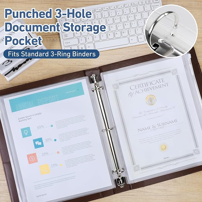 36 Pack Letter Size Binder Pockets for 3-Ring Binder Zipper Pouch Waterproof PVC Document Organizer 3-Hole Loose Leaf Folders File Sleeves Storage Bags Side Loading for Business Office Supplies