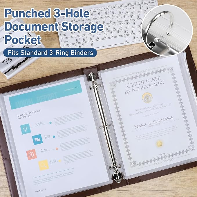 48 Pack Letter Size Binder Pockets for 3-Ring Binder Zipper Pouch Waterproof PVC Document Organizer 3-Hole Loose Leaf Folders File Sleeves Storage Bags Side Loading for Business Office Supplies