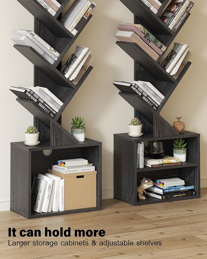 SUNMORY 6 Tier Tree Bookshelf, Tall Small Bookcase with Storage Cabinet | Modern Narrow Bookshelves Organizer, Floor Standing Book Case Shelf for Bedroom Living Room Home Office Corner, Black