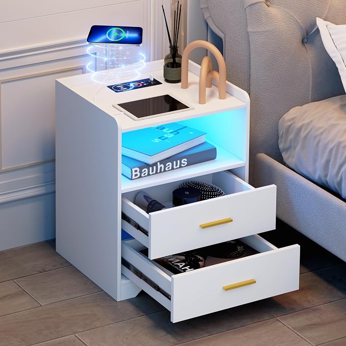 dnbss RGB Nightstand with Charging Station, Smart Bedside Table, White | LED Night Stand, 2 Drawers, 1 Compartment, Human Body Sensor, Modern End Side Table for Bedroom Living Room Office Storage