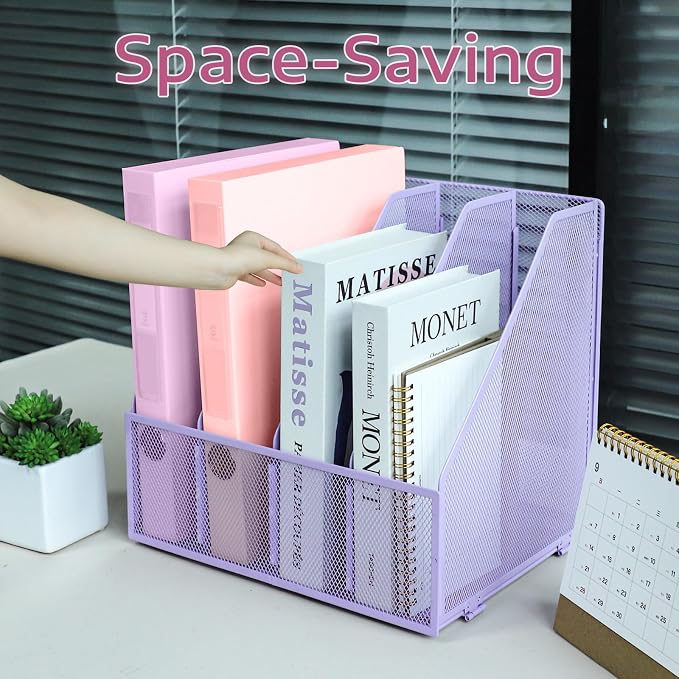 Desk Organizers, Metal Magazine File Holder with 4 Vertical Compartments Rack Binder File Organizer for Office Supplies, Home Workspace - Purple