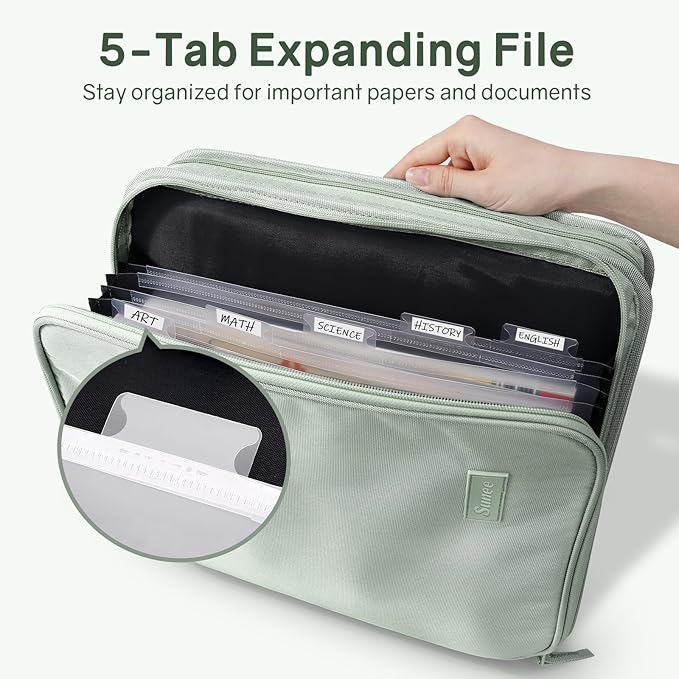 SUNEE Zippered Binder Bag with Handle, 2-Inch 3-Ring O-Ring, 500-Sheet Capacity, Includes Zip Pocket, 5-Tab Expanding File Folder, Multi-Pocket Organizer Binder for Middle School, Sage Green