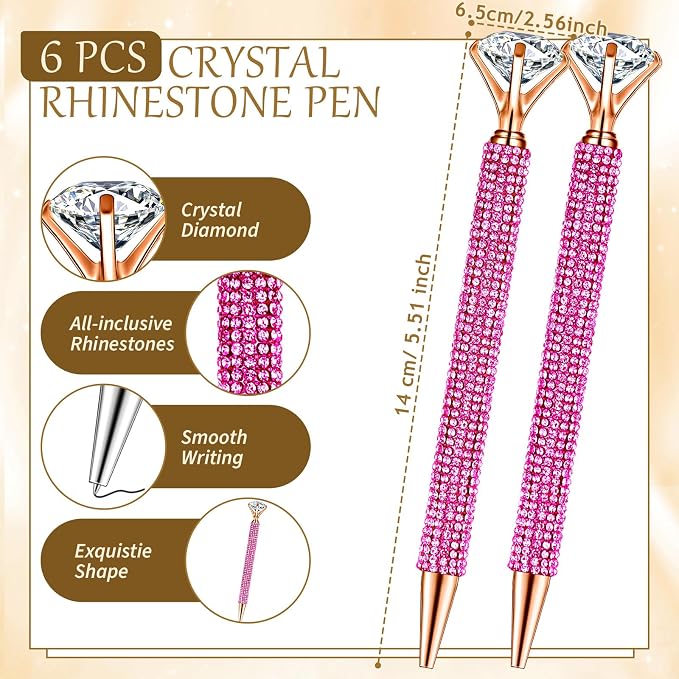 Qilery 8 Pcs Bling Desk Accessories Gift with 1 Bling Pen Holder 6 Pcs Crystal Rhinestone Pens 1 Crystal Scissors Glitter Makeup Brush Holder Valentines Gift Vanity Decor Organizer(Pink)