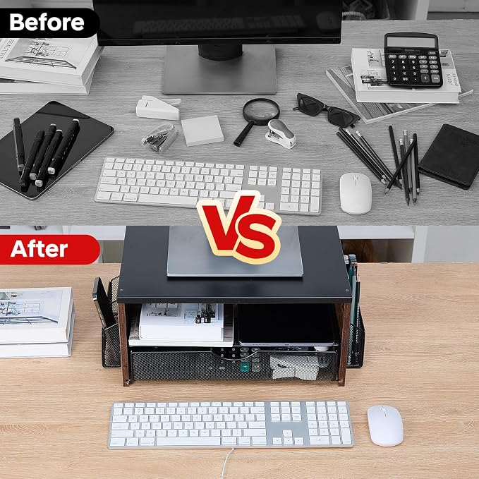 Printer Stand,Desktop Printer Stand with 2-Tier Storage Shelves | for Home Office，Desk Organizer with Drawer and 2 Pen Holders for Fax Machine Scanner Files