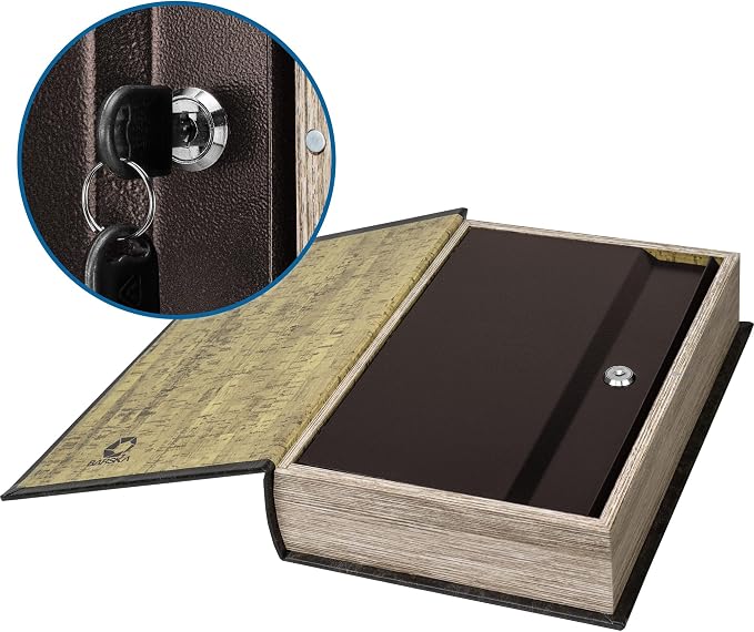 Barska Large Antique Book Lock Box with Key Lock , 8.75" x 2.75" x 13", black | Steel safe door with magnetic closure and key lock for jewelry, passports and documents