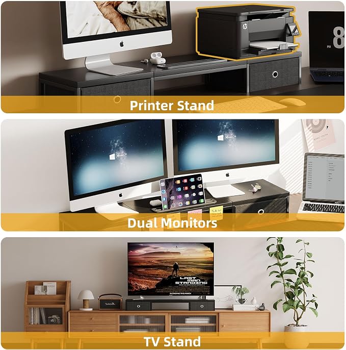 39 Inch Dual Monitor Stand Riser with 2 Drawers - Large Black Wooden Computer Stand for 2 Monitors, Ergonomic Desk Organizer with Phone Holder, Desktop Storage for Laptop, Office Supplies, Home Office