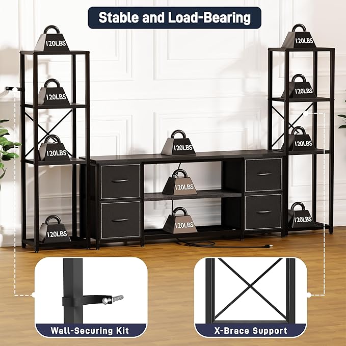 Yenlure LED TV Stand Bookshelf Combo with Charging Station for 65 60 55 Inch TV, Entertainment Center with Lights & Drawers, Industrial Media TV Console Table for Living Room Bedroom Office, Black
