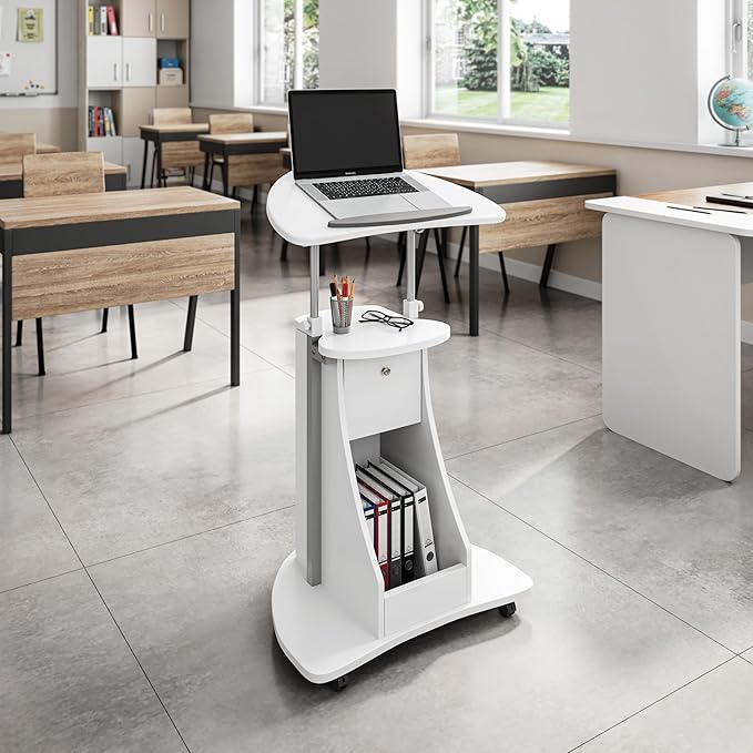 Techni Mobili Adjustable Height Rolling Laptop Cart with Storage, White | Adjustable Height Rolling Laptop Cart with Tilting Top, Storage Shelf, Locking Wheels, Sit to Stand Desk, Mobile Podium,White