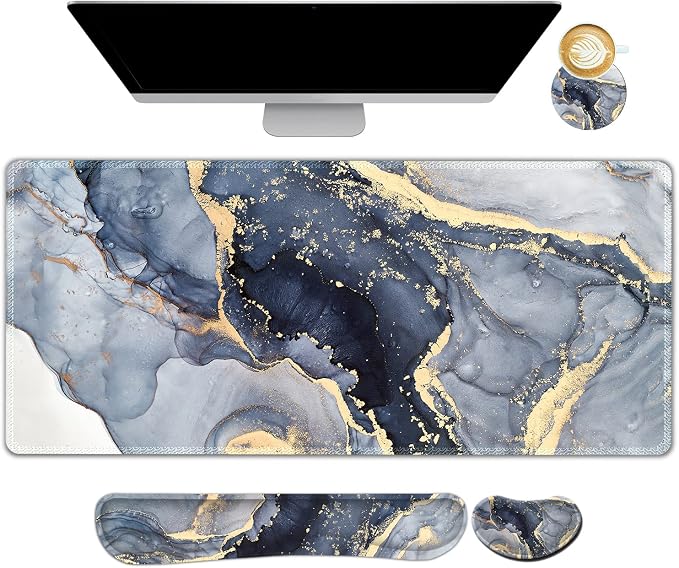 Large Gaming Mouse Pad, Keyboard Wrist Rest Pad & Wrist Support Mousepad Set, Stitched Edge, Extended, Non-Slip Base, Memory Foam,Multifunctional Desk Mat 4pcs for Office & Home, Gilt Marble