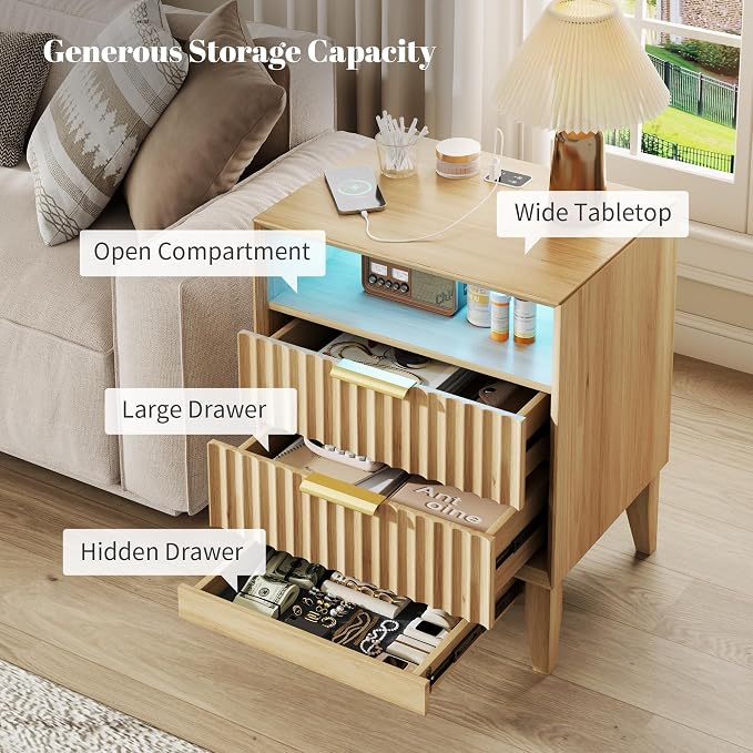 20“ W Fluted LED Nightstand with Charging Station, RFID Lock, Wood | Bedside Table with Hidden Drawer, 2 Drawers, Open Cubby, Motion Sensor, USB and Type-C Ports, Night Stand for Bedroom