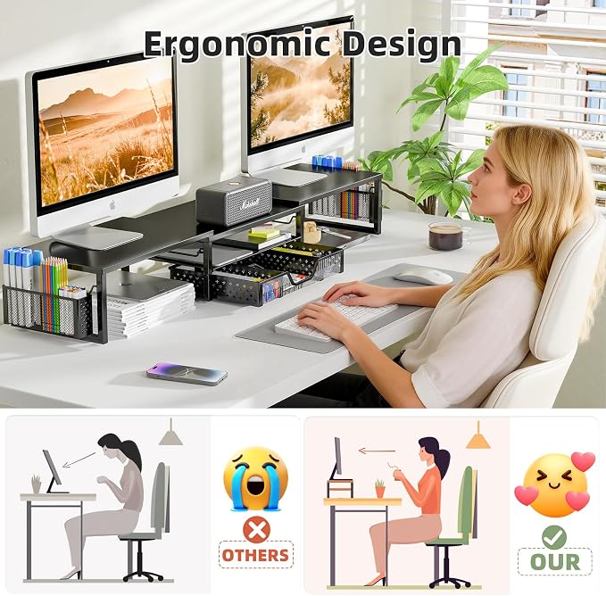 Simple Trending Dual Monitor Stand with Drawer and 2 Pen Holders, Black | 42"L x 9.5"W x 4.75"H. Sturdy metal. Fits 2 monitors. Reduces neck strain. Drawer + 2 pen holders. Easy assembly. 24h support