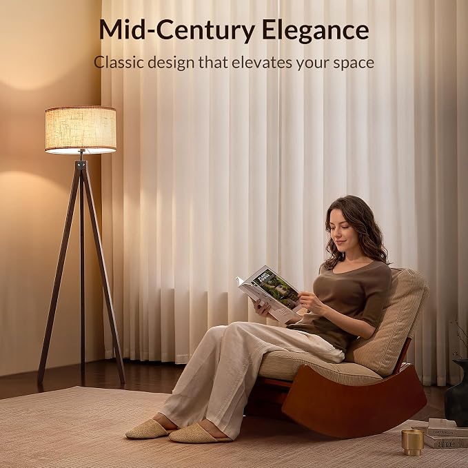 LEPOWER Tripod Floor Lamp Mid Century Modern Standing Lamps for Living Room | Light-Diffusing Linen Shade, Premium Rubberwood Tripod with E26 Base, Adding Warmth to Bedroom, Office & Study Corner Walnut