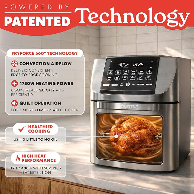 Gourmia Air Fryer - 14 Qt All-in-One Rotisserie Oven with Digital Display, 12 Presets, Roast, Bake, Broil, Dehydrate, Dishwasher Safe Accessories, Stainless Steel