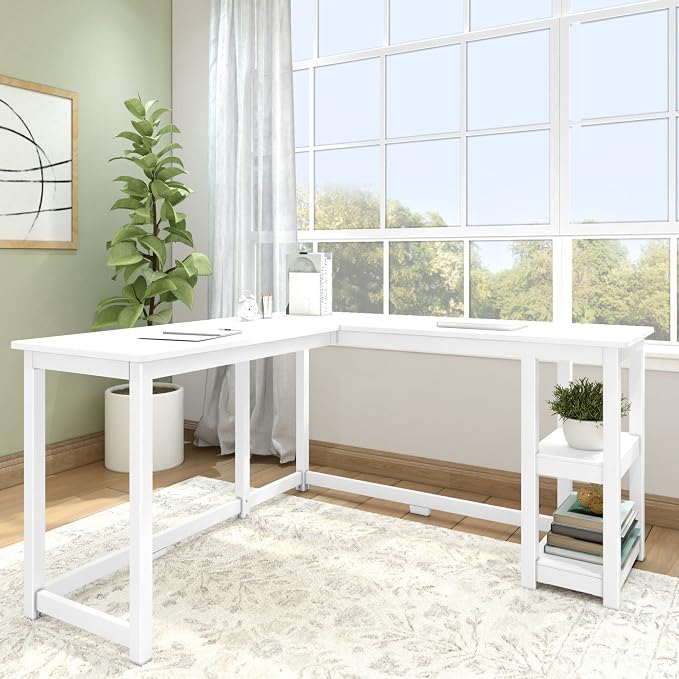 Plank+Beam Classic Desk, L-Shape, 55 Inch, with Shelves, White | Wooden Corner Desk with Shelves, Non-Toxic Finishes, Large Desk Space, Engineered Wood, Matching Style, Solid Wood