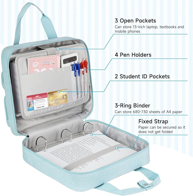 Zipper Binder 3 Ring, 700 Sheets Capacity, Binder 3 Inch with Shoulder Strap Fits 13 Inch Laptop for School and Office,Blue