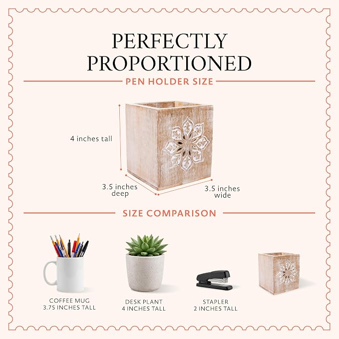 Serena Mango Wood Pen Holder - Whitewash, 4x3.5 in | Cute wooden pencil cup layout curated specifically to provide quick home desk organization and rustic office decor styling.