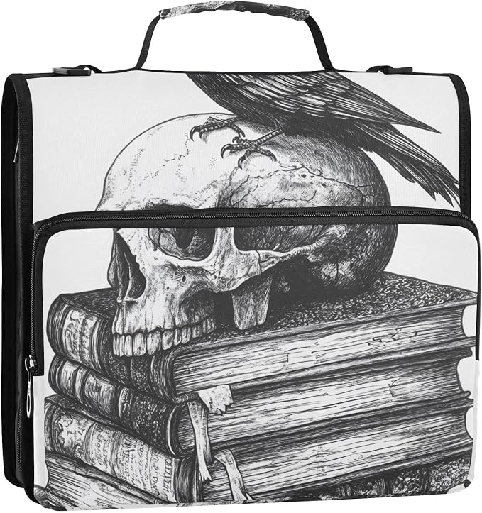 ALAZA Zipper Binder 3 Ring Book Skull Crow Binder Organizer with Zipper and Shoulder Strap Large Capacity Multi-Pocket Trapper Keeper File Folder for Office Supplies