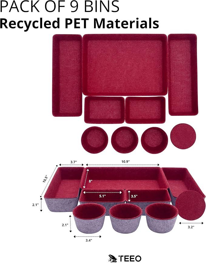 Teeo - Drawer Organizers - Office Supply Organizer - Desktop Drawers - Organizing Containers - Jewelry Tray Makeup Storage Home Dividers Compartment Desk Caddy Cosmetic Bins - Pack of 9, Burgundy